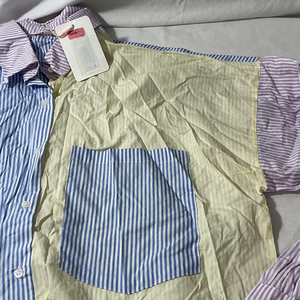 Gianni Bini Colorblock Striped Button-Down Shirt - Blue, Yellow & Pink - Picture 4 of 9